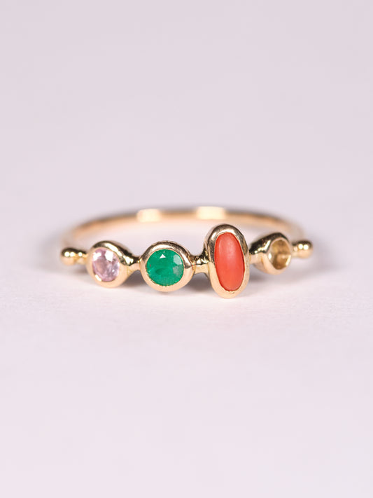 simple ring band - chrysoberyl + vintage coral + emerald + tanzanite