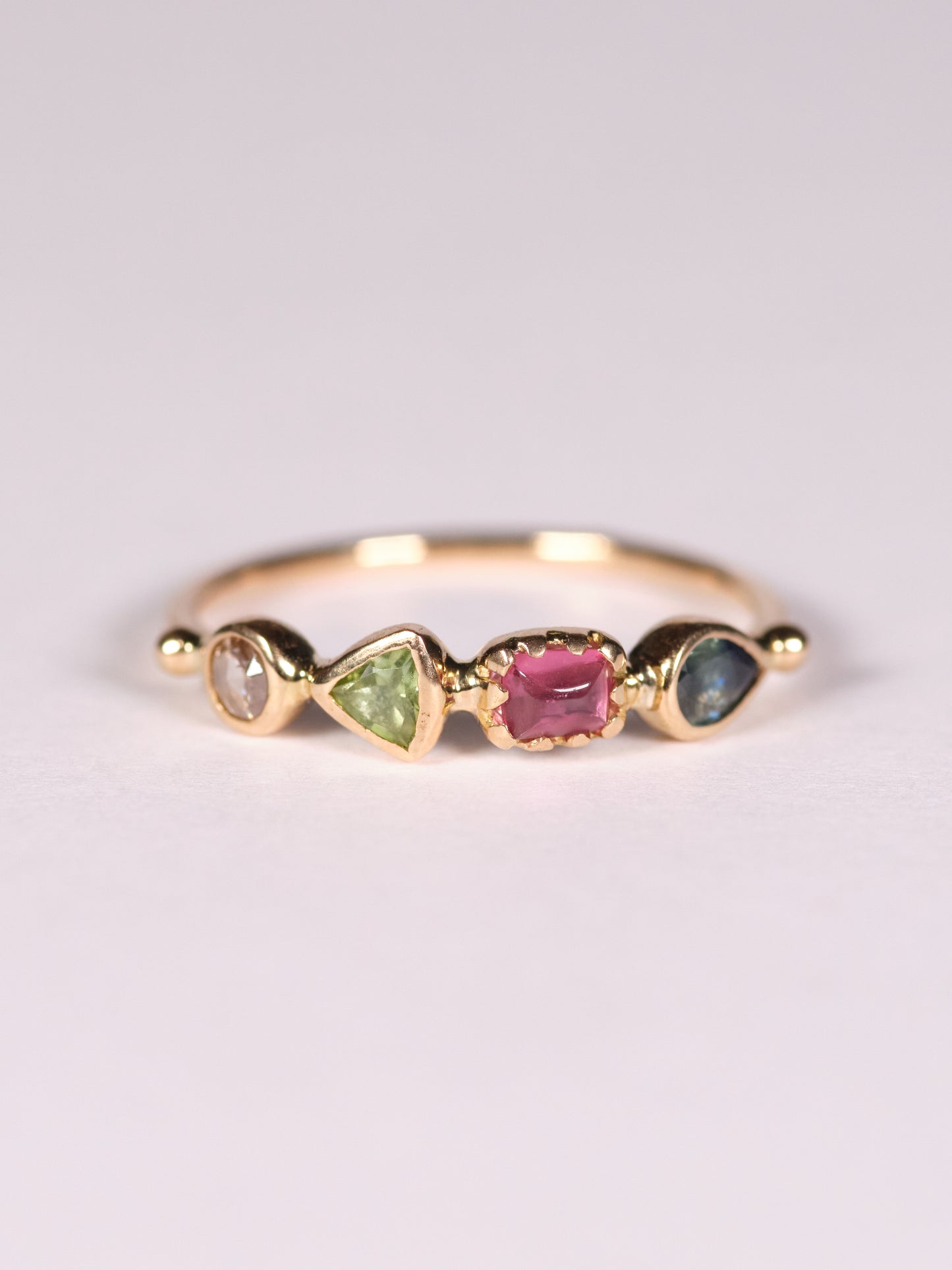 simple ring band - blue sapphire + pink tourmaline + green tourmaline + diamond