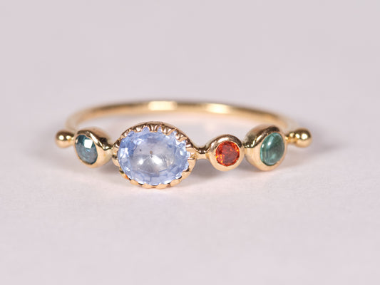 simple ring band - blue tourmaline + orange sapphire + blue sapphire + diamond