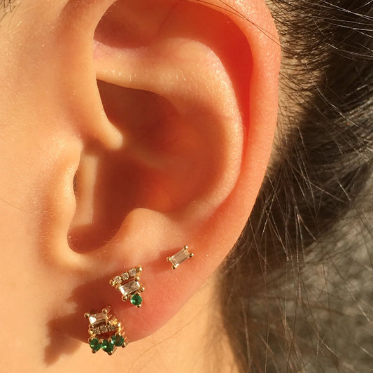 baguette lace stud earring - natural emerald + diamond - single