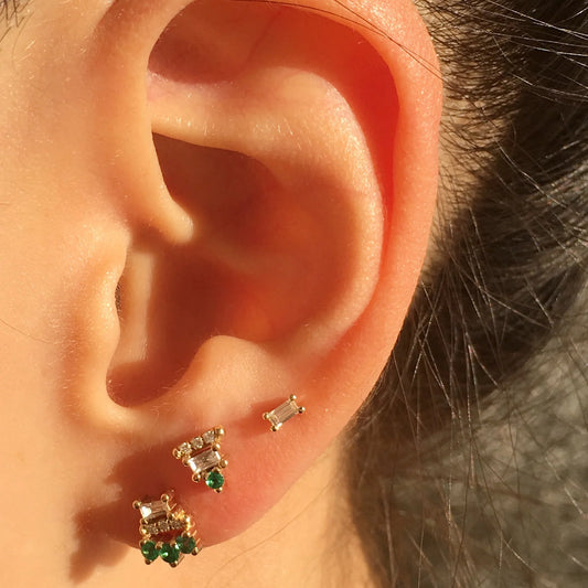 baguette bar stud earrings - natural emerald + diamond