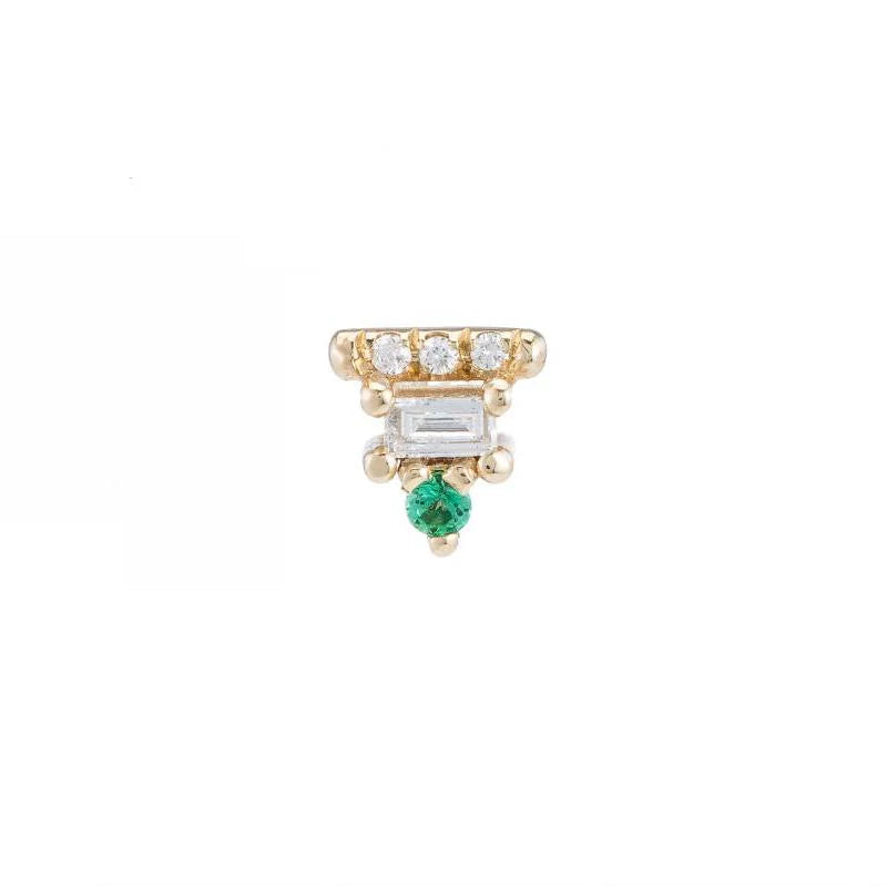 baguette bar stud earring - natural emerald + diamond - single