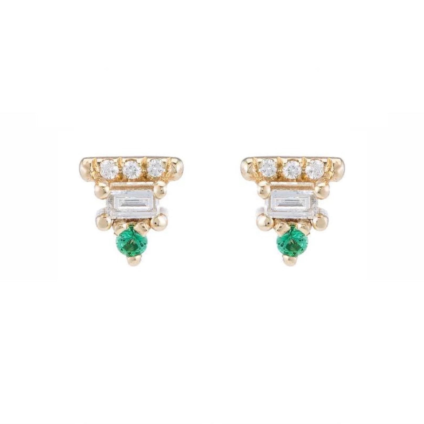 baguette bar stud earrings - natural emerald + diamond