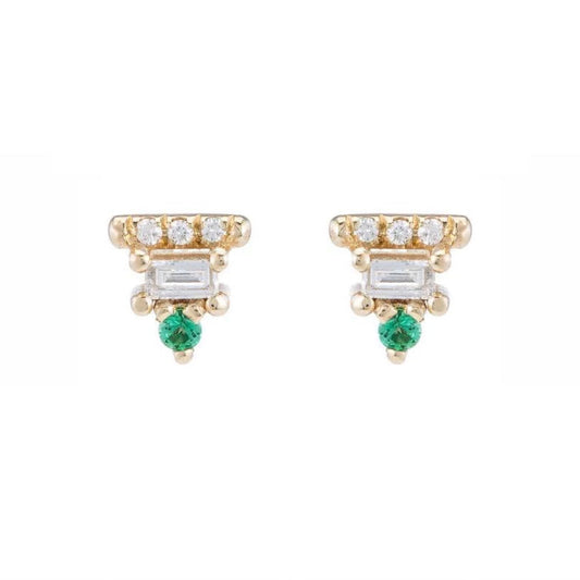 baguette bar stud earrings - natural emerald + diamond