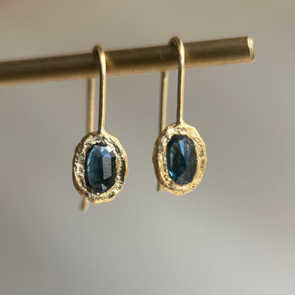 oval fixed hook earrings - teal blue sapphire