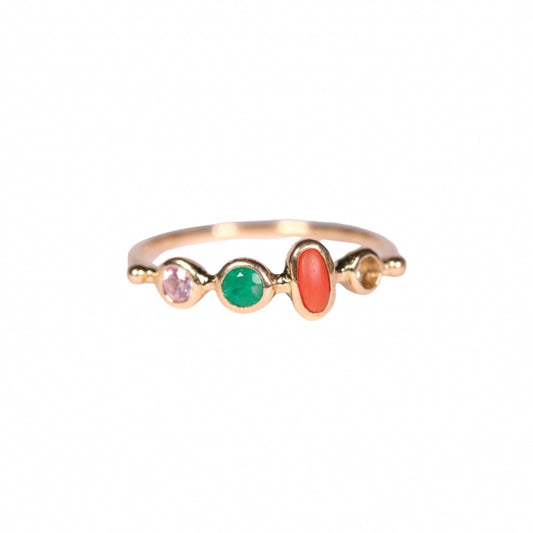 simple ring band - chrysoberyl + vintage coral + emerald + tanzanite