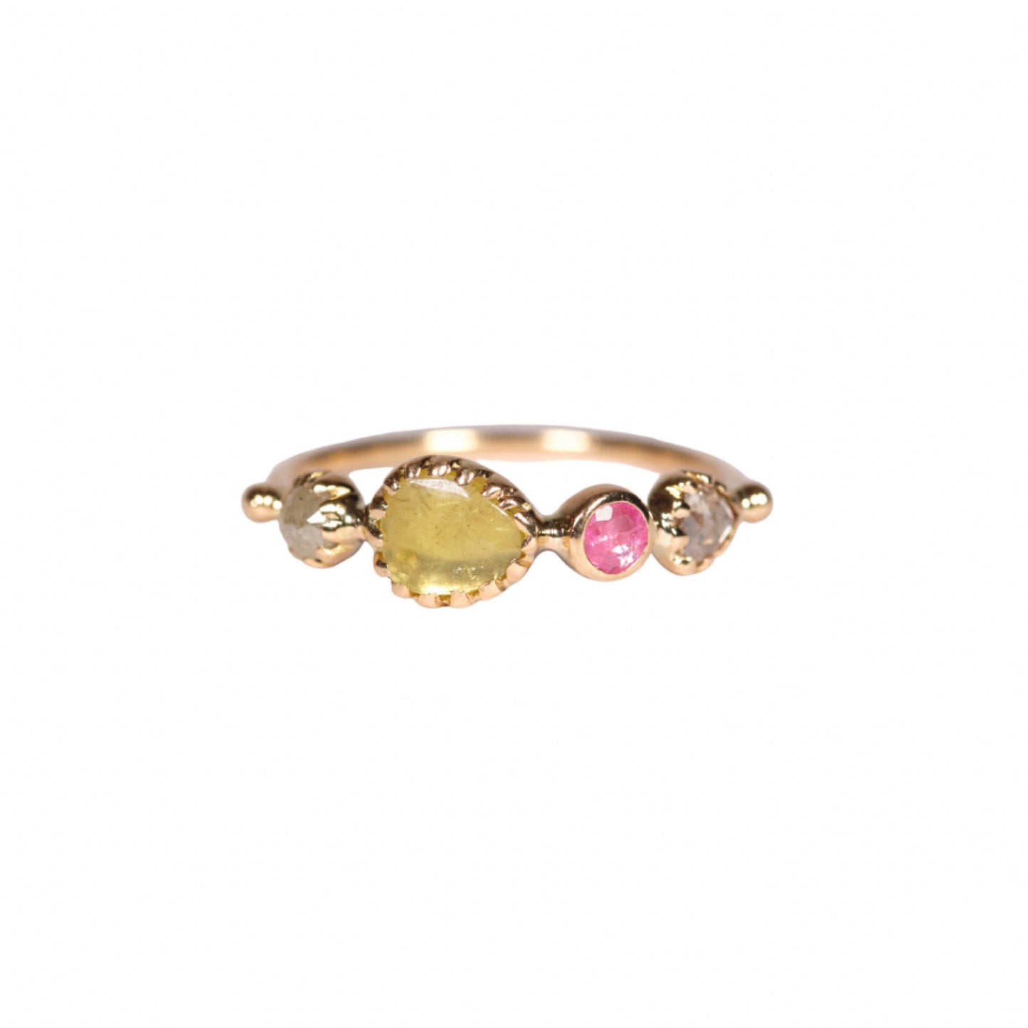 simple ring band - diamond + yellow tourmaline + pink spinel