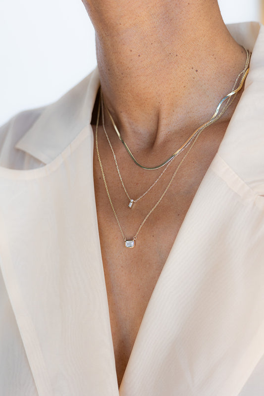 tiny baguette + round stone necklace - natural diamond