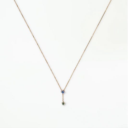 wwake / two-step chain drop necklace - sapphire + green tourmaline