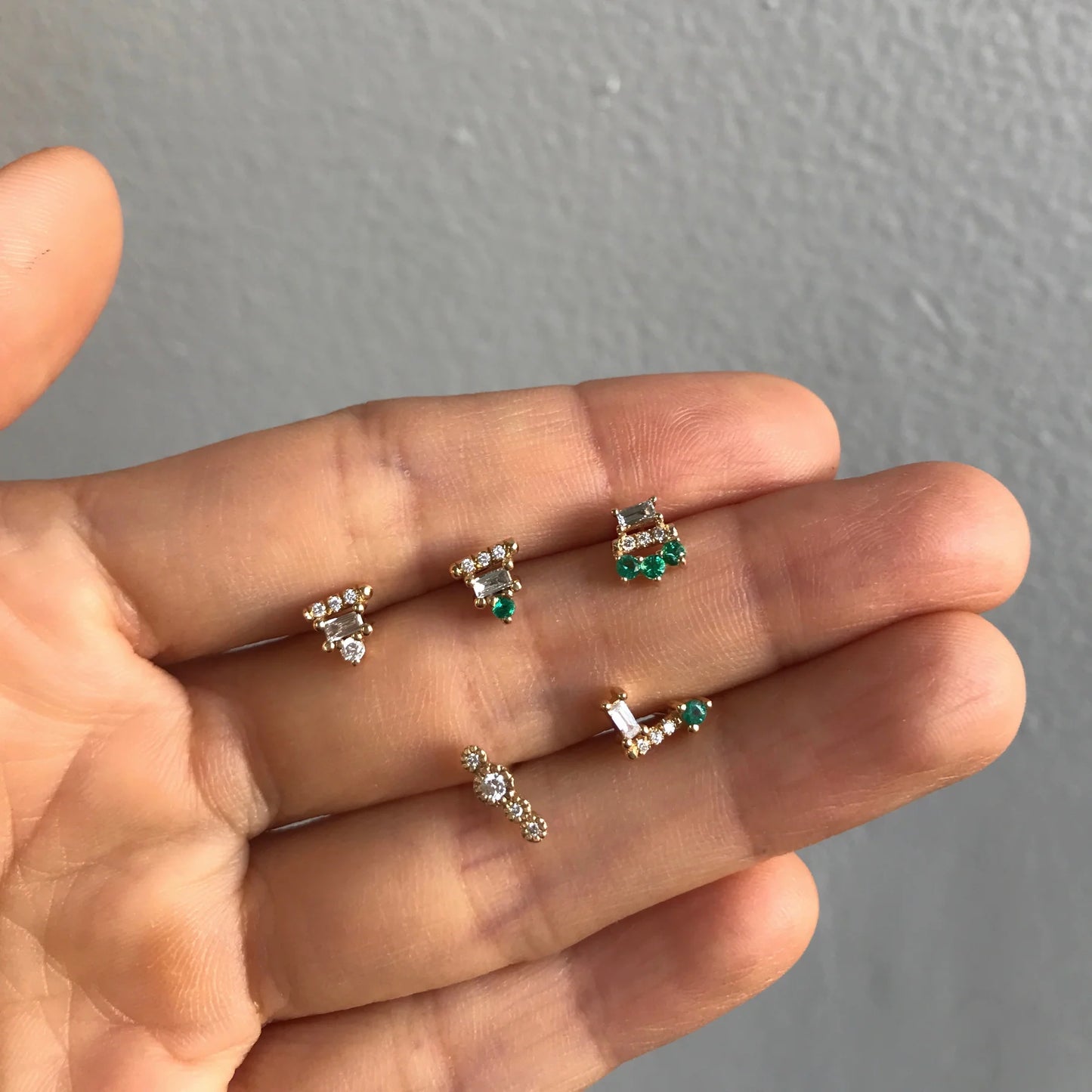 baguette lace stud earrings - natural emerald + diamond