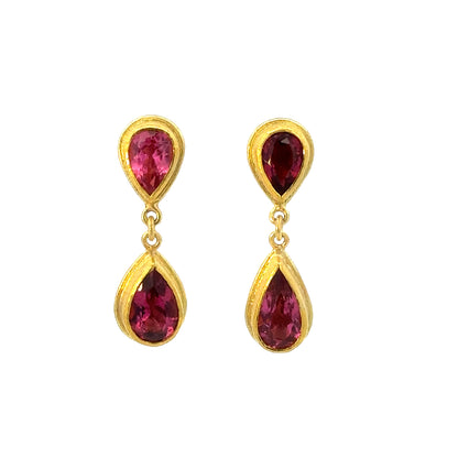 two-tone faceted pink tourmaline + garnet teardrop framed drop earrings