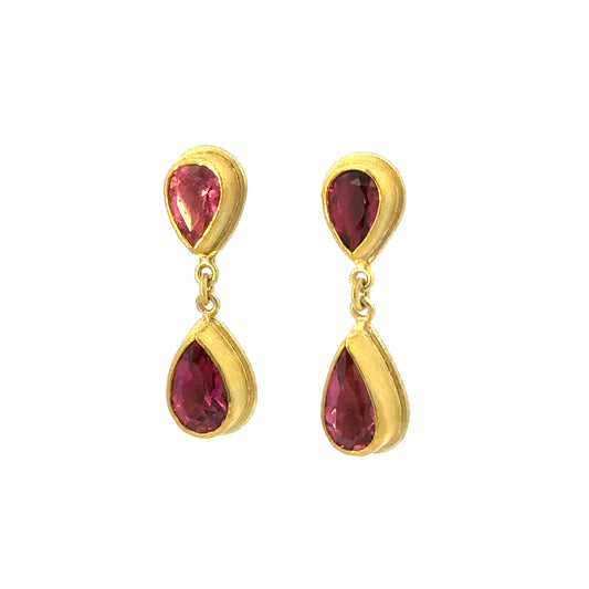 two-tone faceted pink tourmaline + garnet teardrop framed drop earrings