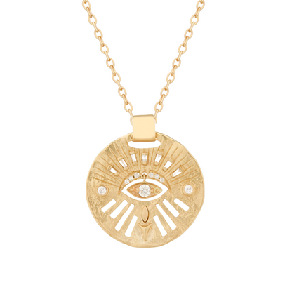 diamond dangling eye medal necklace