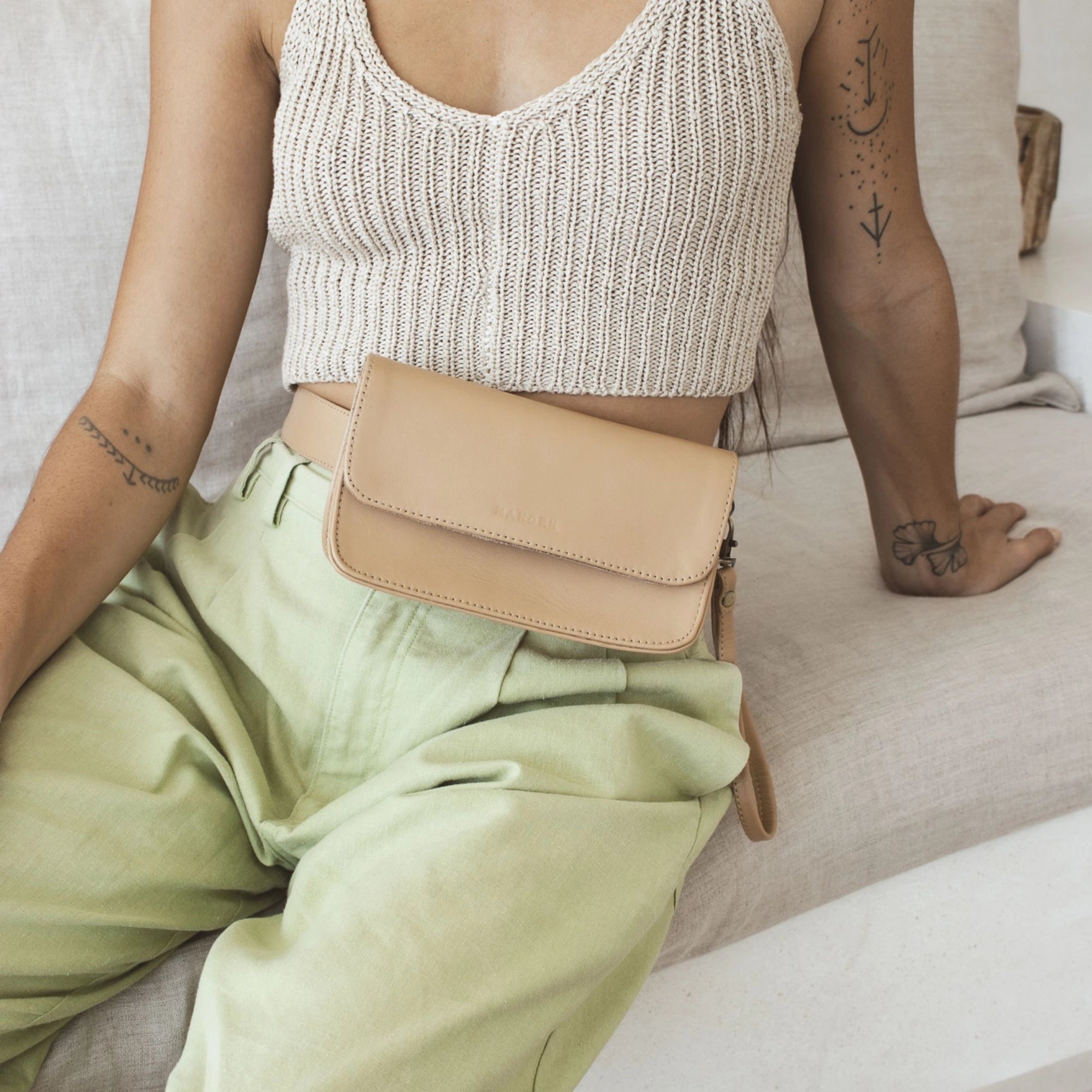 MANDRN | The Ziggy- Sand Leather Belt Bag, Long Strap